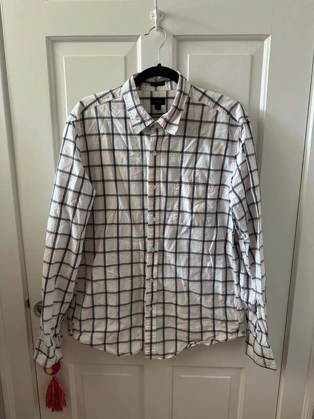 J. Crew Mens Slim Pink Navy Blue Plaid Long Sleeve Button Down Collard Shirt Med